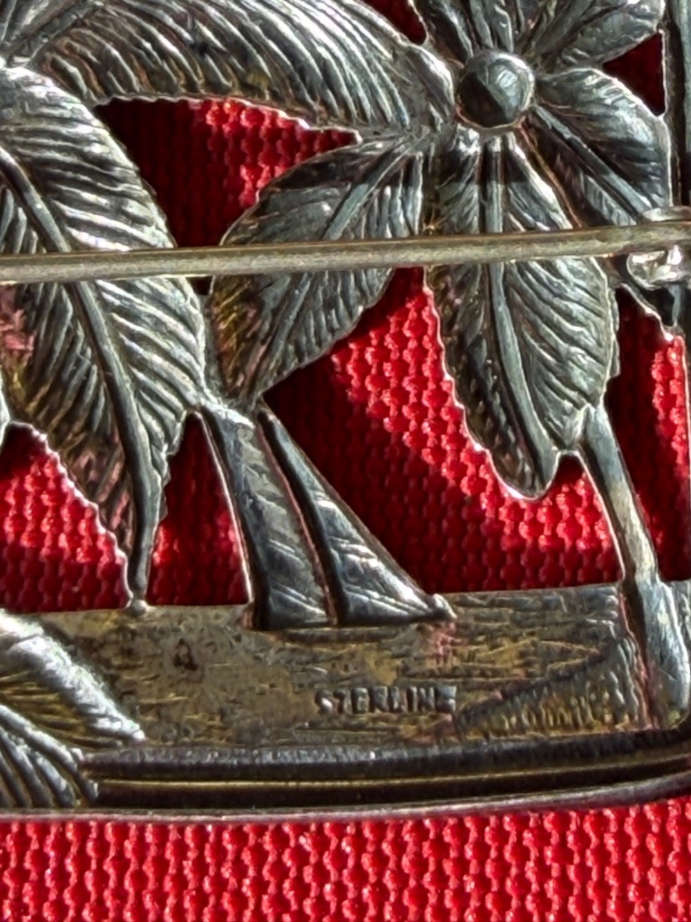Sterling Silver Palm Tree Beach Boat Brooch 2” circa 1950 - Picture 4 of 5